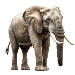 Obraz premium Majestic African Elephant Standing Tall, Displaying Wrinkled Skin and Imposing Tusks Against a White Background.