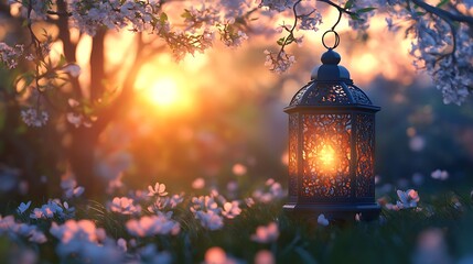 A glowing lantern hangs amongst a field of delicate white flowers