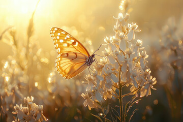 Golden butterfly perched on white flowers with sunlight shining through, creating a warm and ethereal atmosphere.