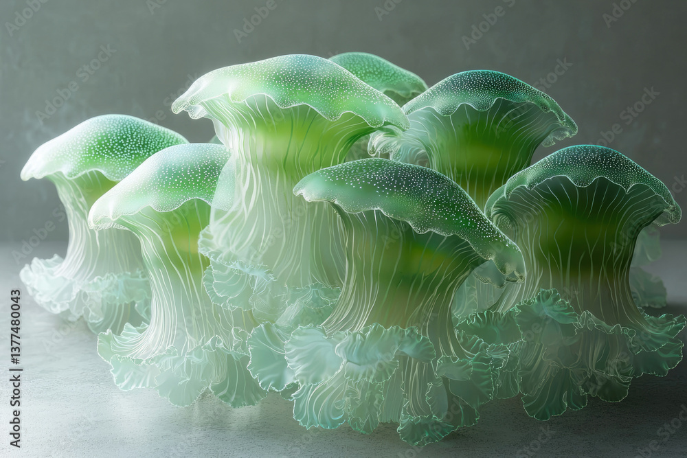 Poster ethereal group of translucent, green, jellyfish-like forms with delicate ruffles, glowing softly in 