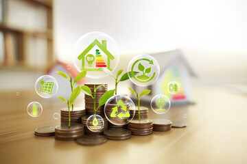 Energy-saving homes, energy efficiency concepts, eco-friendly home improvements, cost savings, low-energy eco-friendly homes, green handshake.