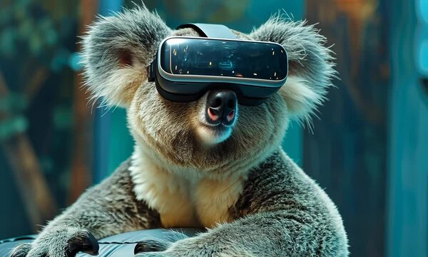 A surprised-looking koala wearing virtual reality headset in a surreal digital composition.