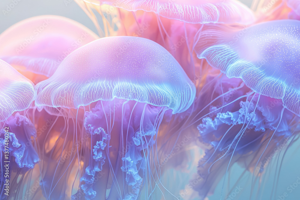 Poster A captivating close-up of jellyfish with ethereal, translucent bodies and flowing tentacles, bathed in soft pink and blue light.