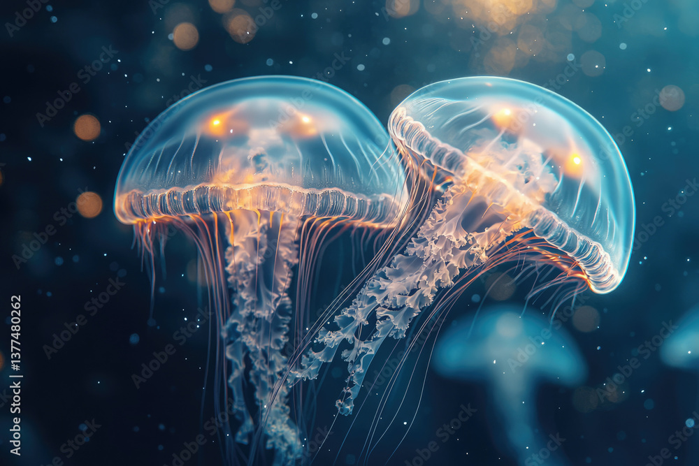 Poster Two glowing jellyfish gracefully float in a dark blue ocean, surrounded by sparkling particles of light, creating a mesmerizing underwater scene.