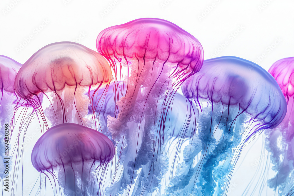 Poster A group of colorful jellyfish gracefully float in the water, illuminated against a bright, neutral background, creating a mesmerizing display.