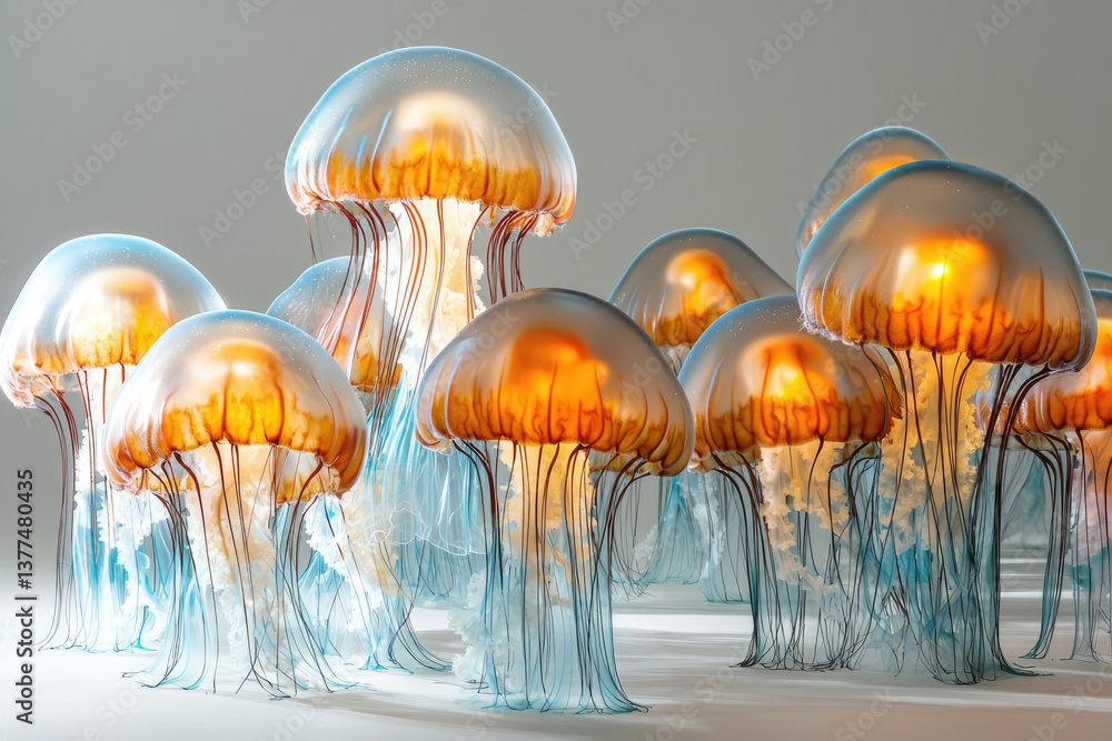 Poster A mesmerizing group of translucent jellyfish with orange glowing insides, gracefully floating in an ethereal, softly lit environment.