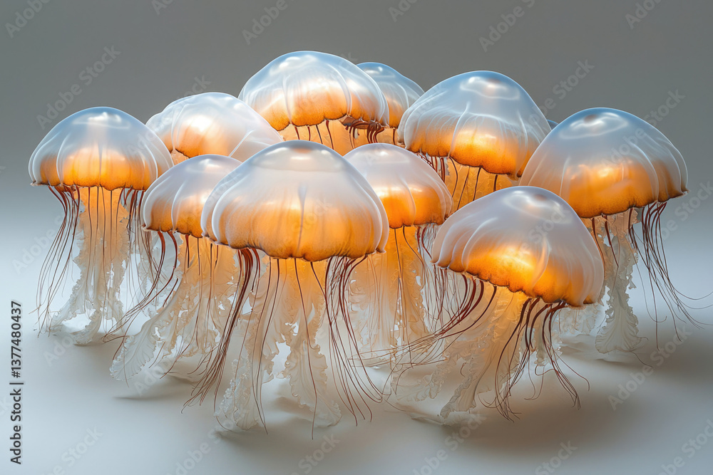 Poster A mesmerizing cluster of glowing jellyfish with translucent bells and trailing tentacles, gracefully floating against a soft, neutral background.