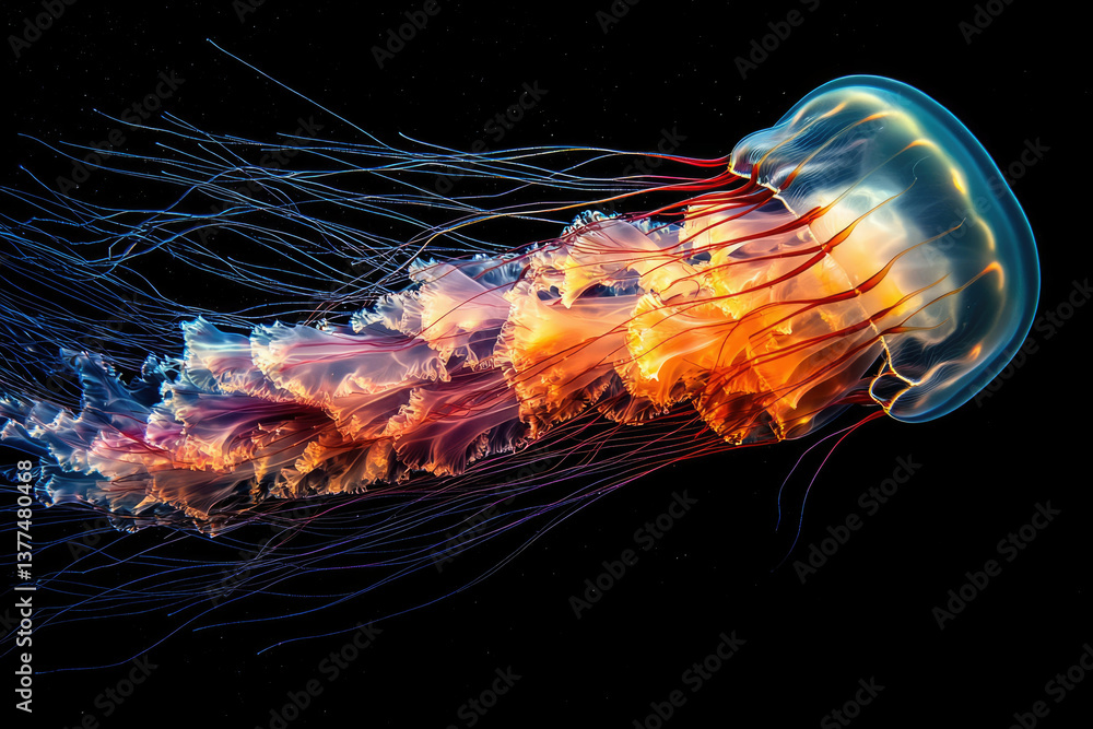 Poster glowing jellyfish with vibrant orange and blue hues gracefully floats in the dark ocean with numerou