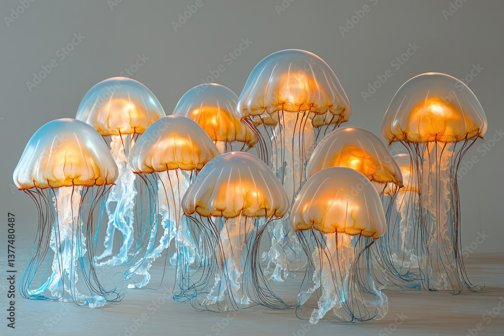 Poster A mesmerizing group of glowing jellyfish gracefully floating in a surreal, ethereal underwater environment, creating a captivating visual.
