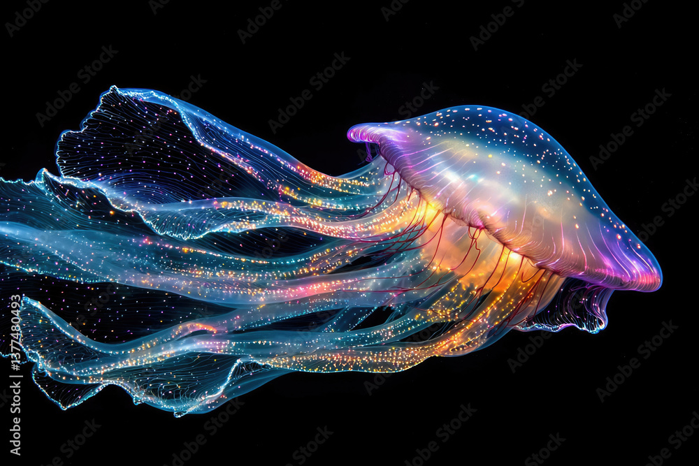Poster a luminous jellyfish dances in the dark abyss, radiating ethereal light with its delicate tentacles 