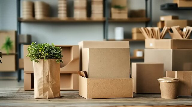 A cozy workspace filled with eco-friendly packaging materials and plants on a wooden table