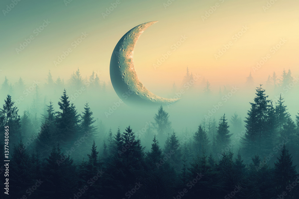 Poster a giant crescent moon hangs in the sky above a misty forest, creating a surreal and dreamy landscape