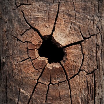 Fototapeta Close-up of weathered, cracked tree trunk with a central hole.  Cracks radiate from the hole