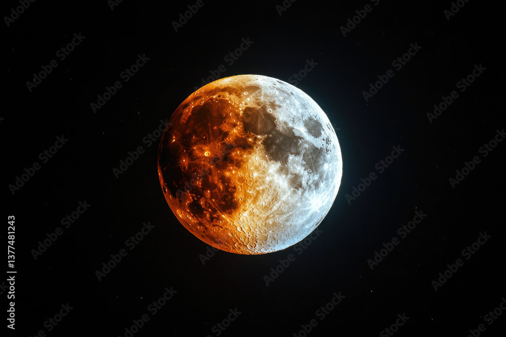 Poster an artistic rendering of the moon, divided into a bright, cold side and a fiery, warm side, isolated
