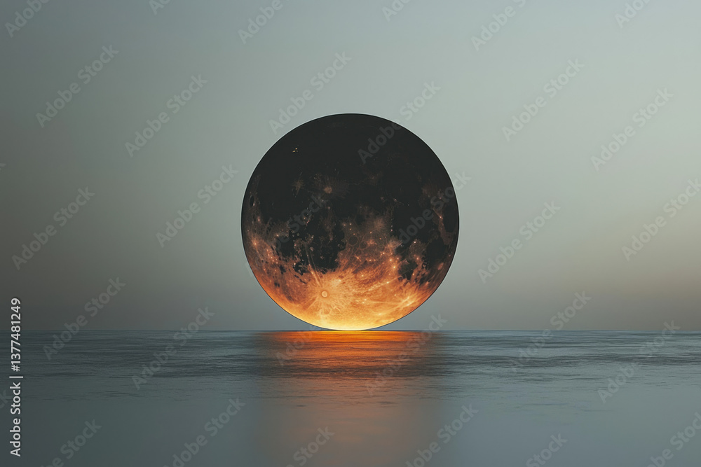 Poster A fiery, celestial orb hovers just above calm waters, creating a surreal and captivating scene at twilight.
