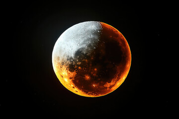 A creatively edited image of the moon, split between icy white and fiery orange tones against a transparent background.