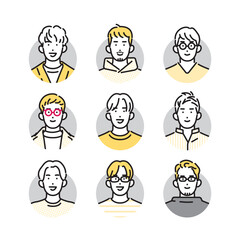 シンプル　イラスト　笑顔のカジュアルな服装の男性のアイコンセット 人物