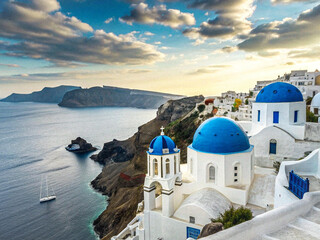 Obraz premium Santorini Greece White Domes Blue Sea Stunning View