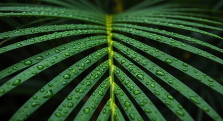 Obraz premium Close-up of a green palm leaf covered in water droplets, showcasing a vibrant and refreshing mood, representing freshness and nature's beauty with a dark background enhancing the vivid colors