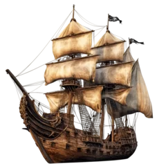 Fototapeten Vintage wooden pirate ship with billowing sails, isolated on transparent background © Mr