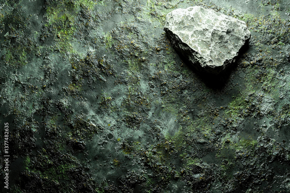 Poster textured dark green surface with moss-like patches and a light-colored rock fragment in the top righ