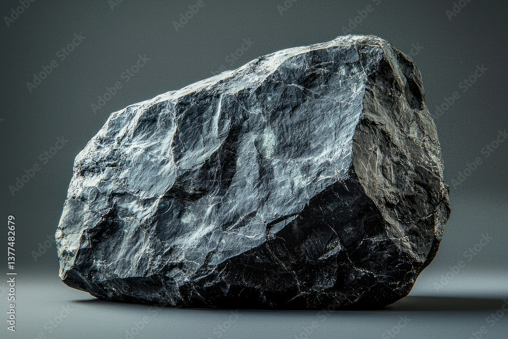 Poster a single, large chunk of rough, dark rock with textured surfaces, positioned on a neutral gray backd