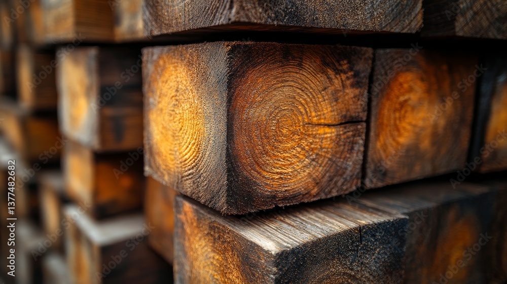 Poster close-up view of stacked wooden beams with emphasized texture and grain patterns