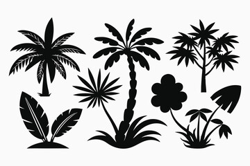 Silhouettes of palm trees on a tropical beach with sun, sea, and sand, creating a paradise landscape