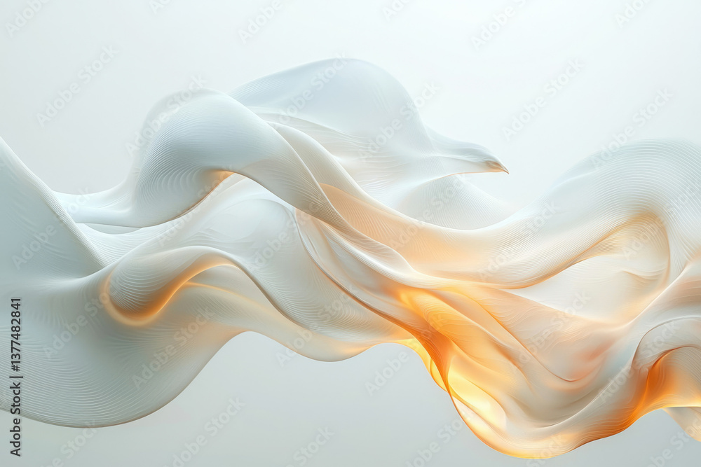 Poster abstract digital art featuring flowing, translucent white fabric with a warm, glowing golden light e