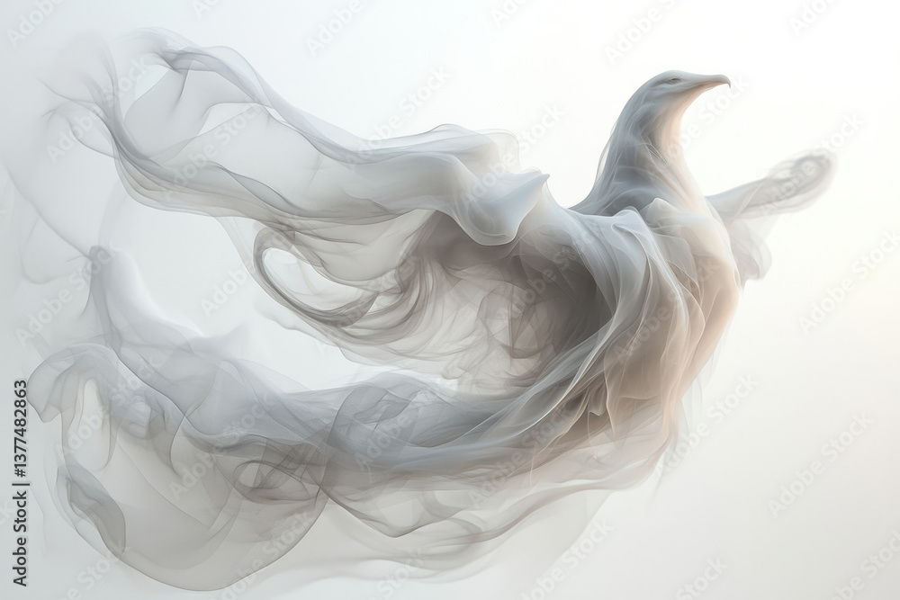 Poster abstract representation of a bird emerging from ethereal smoke or fabric, creating a serene and drea