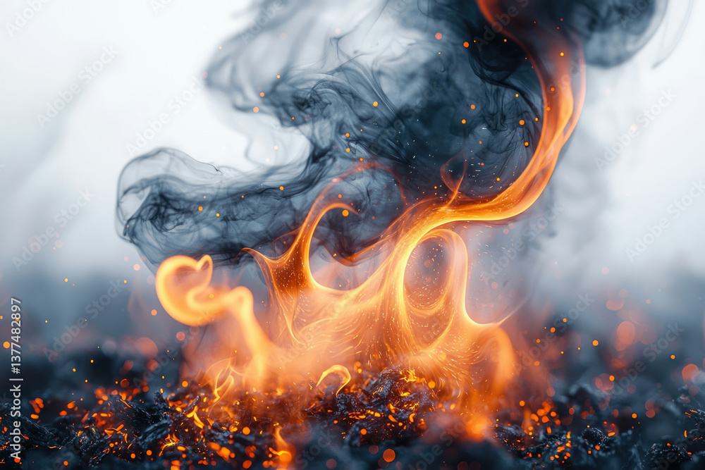 Poster vibrant flames erupt from dark embers, twisting upward into swirling smoke against a soft, diffused 
