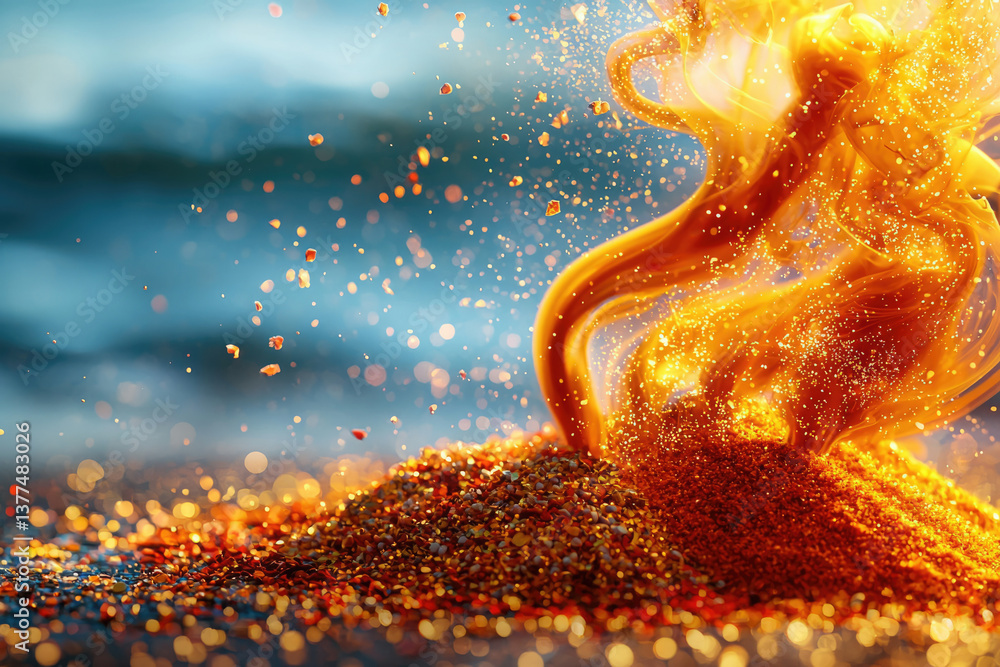 Poster abstract golden waves rise from a textured surface, sparkling with light against a cool, blurred blu