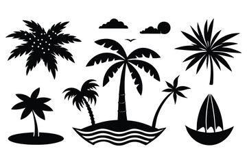 Silhouettes of palm trees on a tropical beach with sun, sea, and sand, creating a paradise landscape