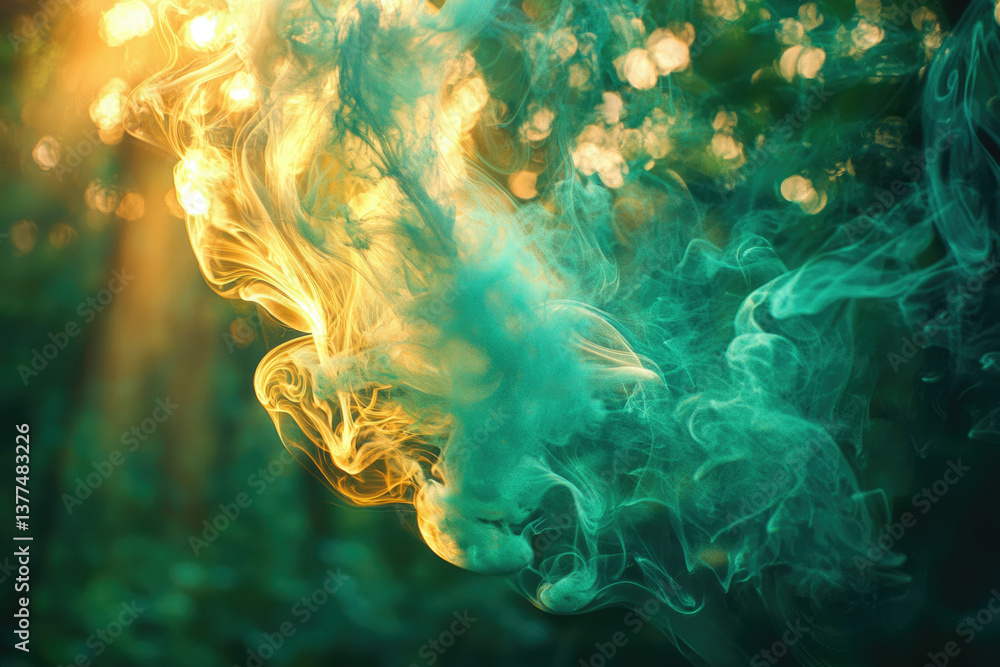 Poster An abstract representation of colliding colorful smoke and light, creating an otherworldly and ethereal aesthetic.