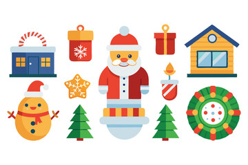 Set of Christmas icons featuring Santa, tree, snowman, gift, bell, candy, and other holiday elements in a cute, festive design