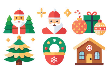 Set of Christmas icons featuring Santa, tree, snowman, gift, bell, candy, and other holiday elements in a cute, festive design