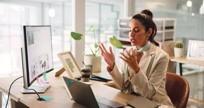 Business woman, laptop and video call in office for training, design or happy product manager in webinar. Computer, online conference or talking for virtual communication, development and web meeting