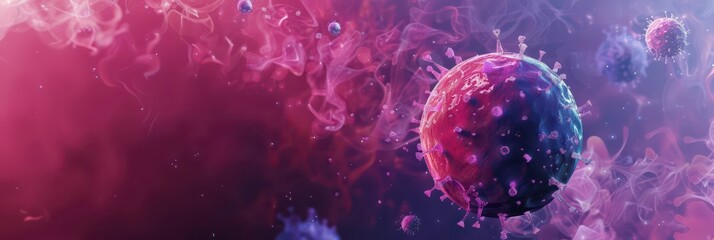 Purple viruses on a purple background. World Lupus Day. Horizontal banner. Copy space. Free space for text. Autoimmune disease and immune system disorders concept