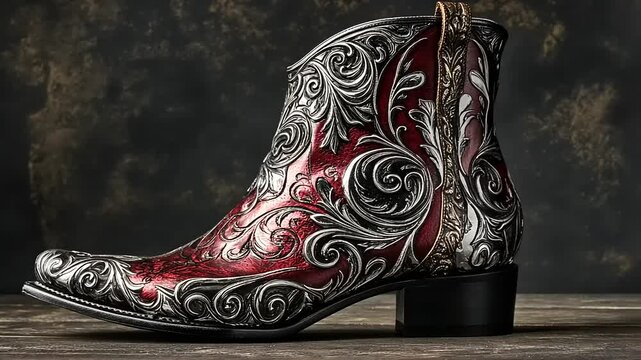 Ornately designed red and silver cowboy boot displayed on a rustic wooden surface