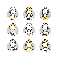 シンプル　イラスト　笑顔のビジネスパーソンの女性のアイコンセット 人物