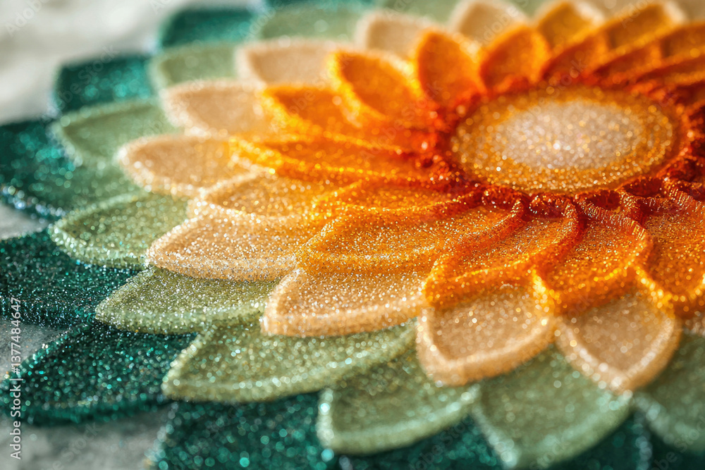 Poster Sparkling flower mosaic in gradient colors, transitioning from green to orange, with a textured, glittering surface and shallow depth of field.