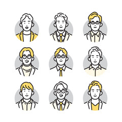 シンプル　イラスト　笑顔のビジネスマンの男性のアイコンセット 人物