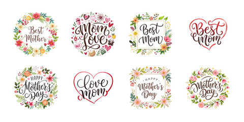 Fototapeta premium Happy mothers day calligraphy floral text isolated on transparent background
