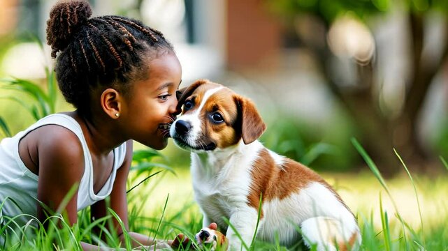Cute African American Child Giving Love to Puppy Headbump, Friendship Motion Picture, Green Natural Background with Girl and Dog, Connection, Love, Happy