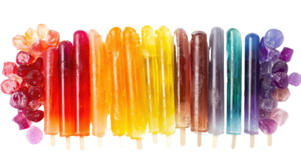 A rainbow of colorful ice pops in different flavors isolated on white background PNG