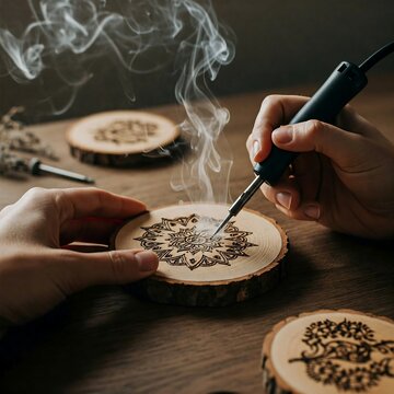 Hands burning a pattern into a wooden coaster with a pyrography tool, pyrography, wood, coaster, burning, hands, tool, craft, handmade, art, design, pattern, detail, close-up, artisan, hobby, creative
