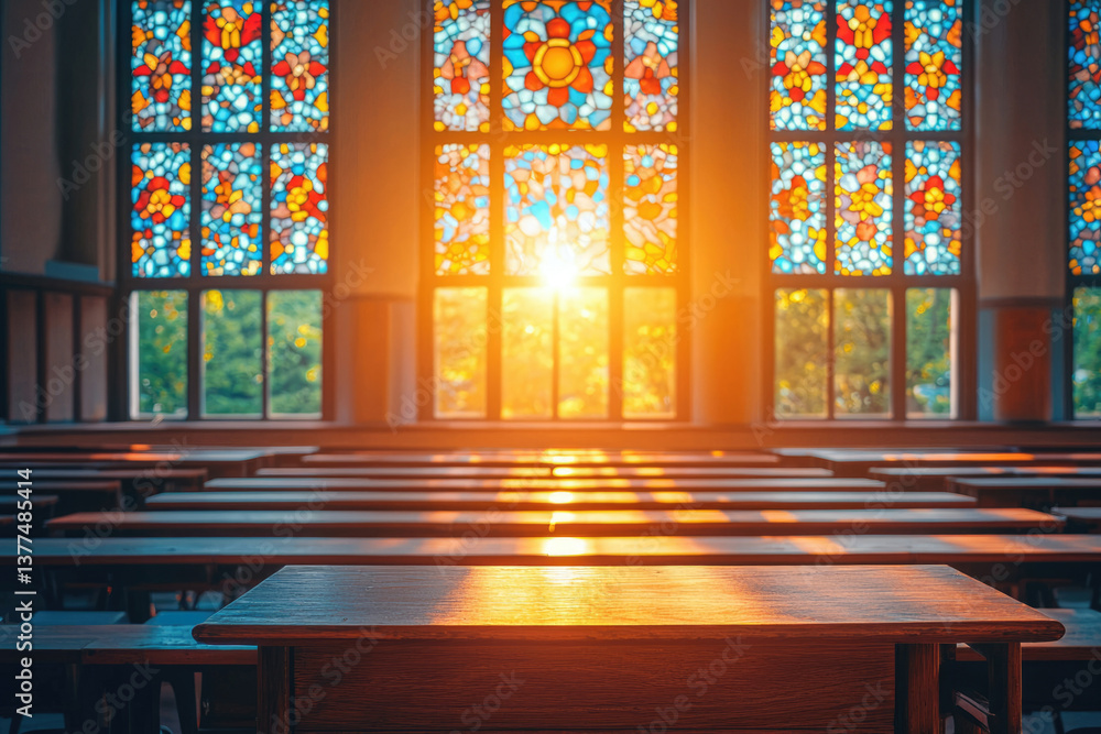 Poster sunlight streams through stained glass windows in a church hall illuminating wooden pews creating a 