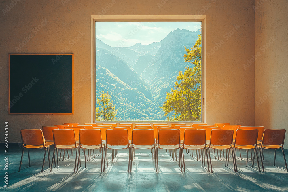 Poster classroom with orange chairs faces a scenic mountain view through a large window and a blank blackbo