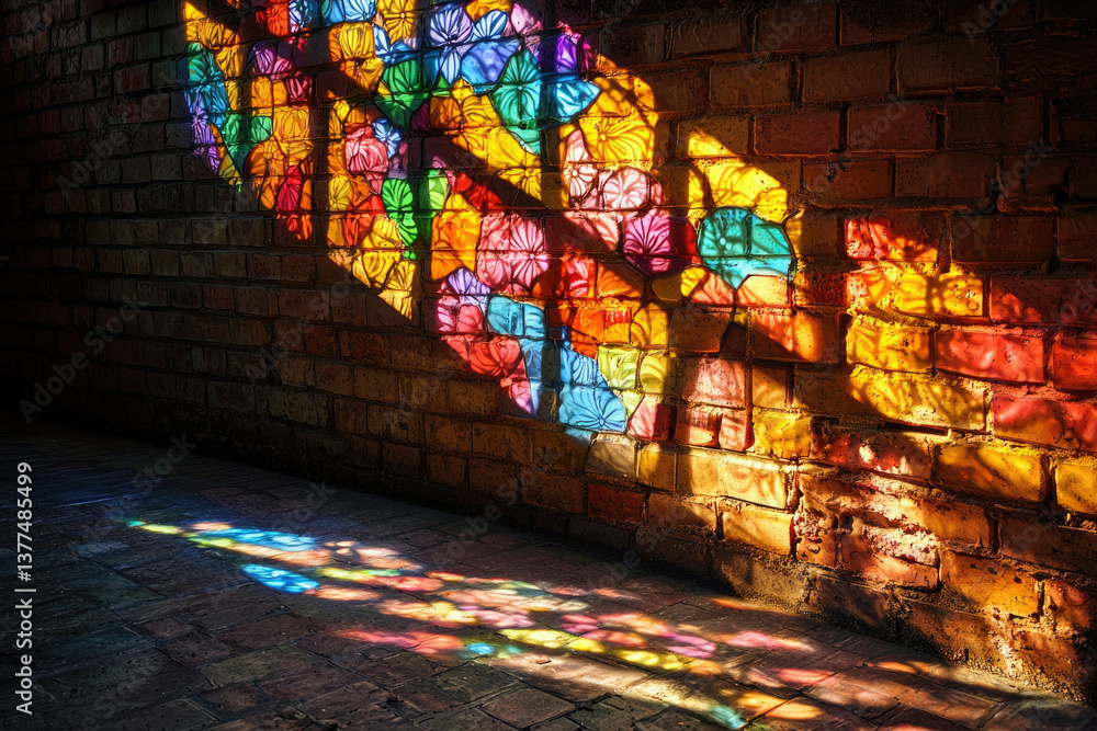 Poster Stained glass window projects colorful light patterns onto a brick wall and the floor, creating a vibrant and visually captivating scene.