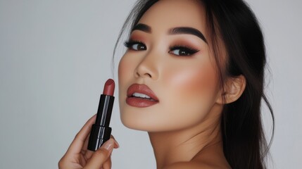 Model showcases lipstick application technique in a professional makeup session at a studio